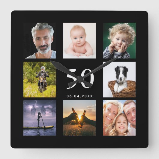 Birthday zwarte foto collage vierkante klok (Voorkant)