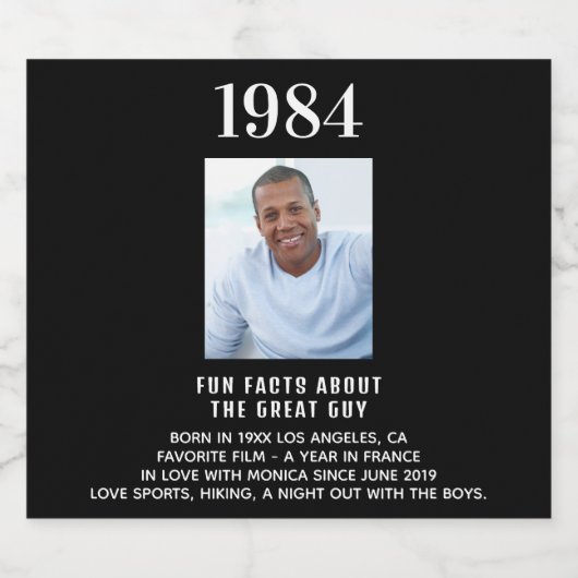 Birthday zwarte foto leuke feiten biojaar geboorte likeurfles etiket (Enkel label)