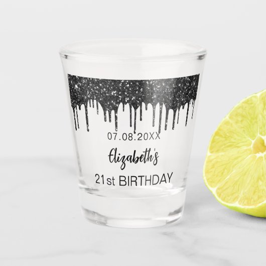 Birthday zwarte glitter drift naam shot glas (Voorkant)