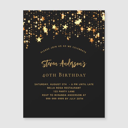 Birthday zwarte gouden sterren elegant magnetische uitnodiging (Voorkant)
