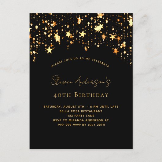 Birthday zwarte gouden sterren elegant uitnodiging briefkaart (Voorkant)