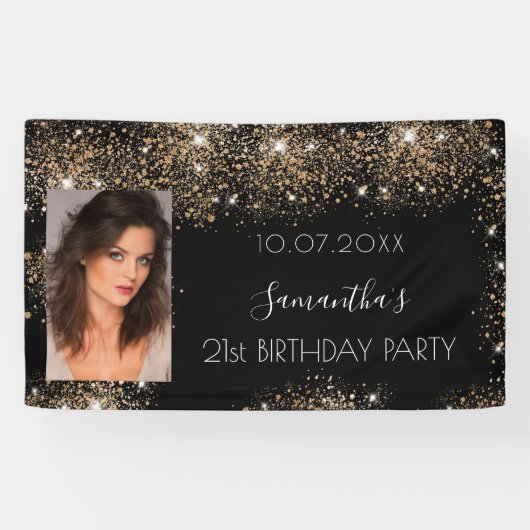 Birthday zwarte goudfoto glitter monogram spandoek (Horizontaal)