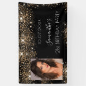 Birthday zwarte goudfoto glitter monogram spandoek (Verticaal)