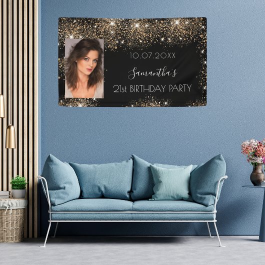 Birthday zwarte goudfoto glitter monogram spandoek