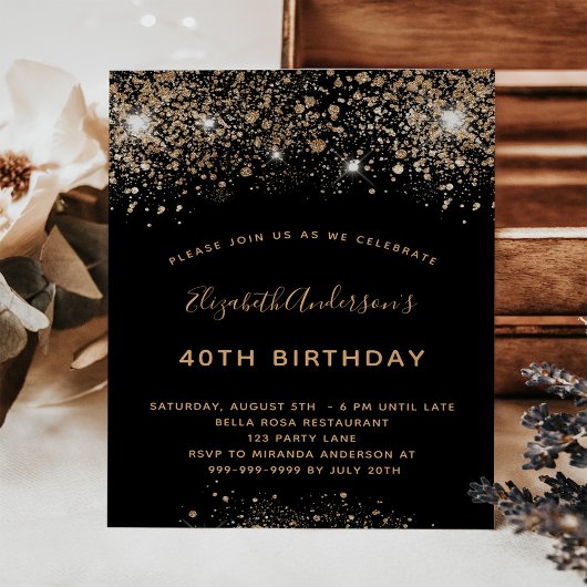 Birthday zwarte goudglitter budgettaire uitnodigin flyer