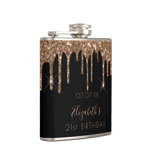 Birthday zwarte goudglitter drift naam heupfles (Rechts)