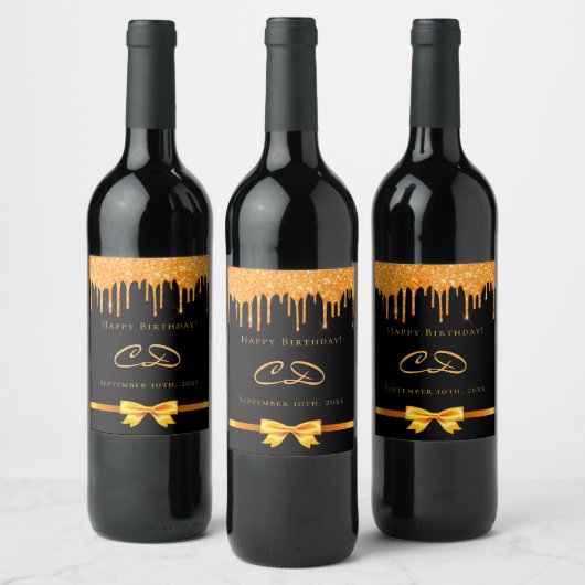 Birthday zwarte goudglitter drip monogram initiaal wijn etiket (Flessen)