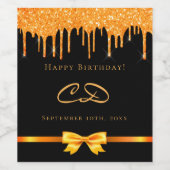 Birthday zwarte goudglitter drip monogram initiaal wijn etiket (Enkel label)