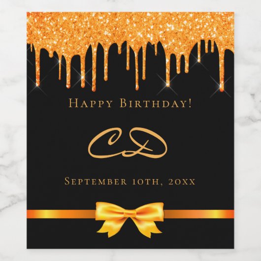 Birthday zwarte goudglitter drip monogram initiaal wijn etiket