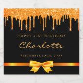 Birthday zwarte goudglitter drip monogram naam sparkling wijnetiket (Enkel label)