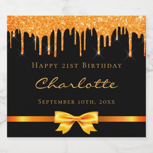 Birthday zwarte goudglitter drip monogram naam sparkling wijnetiket (Enkel label)