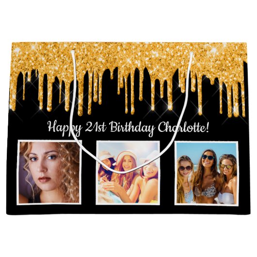 Birthday zwarte goudglitter druppelt foto naam groot cadeauzakje (Voorkant)
