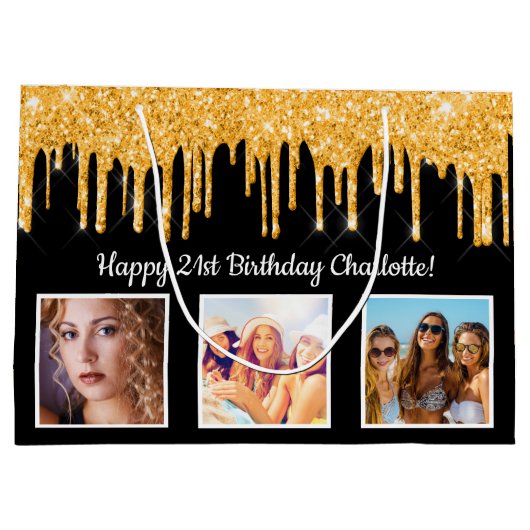 Birthday zwarte goudglitter druppelt foto naam groot cadeauzakje (Achterkant)