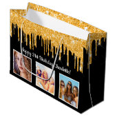 Birthday zwarte goudglitter druppelt foto naam groot cadeauzakje (Voorkant Gekanteld)