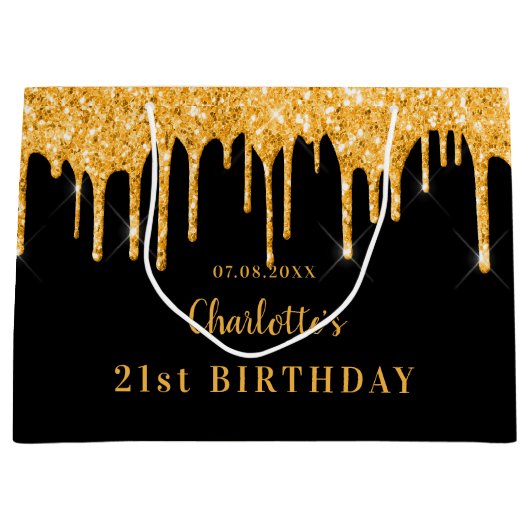 Birthday zwarte goudglitter druppelt naam elegant groot cadeauzakje (Voorkant)
