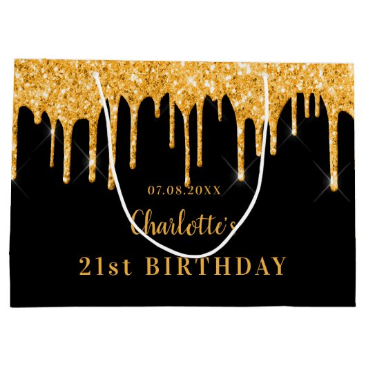 Birthday zwarte goudglitter druppelt naam elegant groot cadeauzakje (Achterkant)