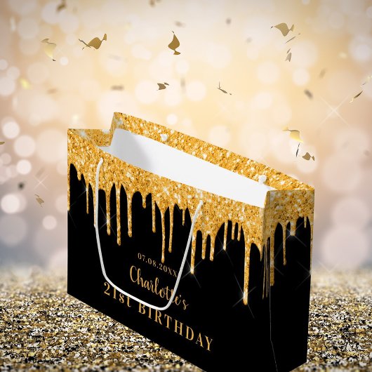 Birthday zwarte goudglitter druppelt naam elegant groot cadeauzakje