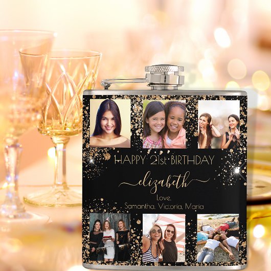 Birthday zwarte goudglitter foto collage vrienden heupfles