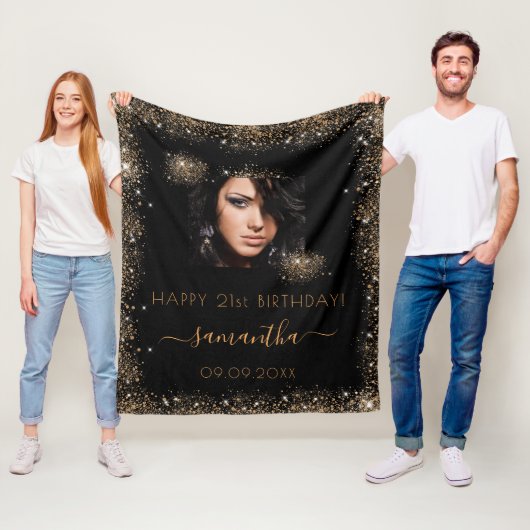 Birthday zwarte goudglitter monogram foto fleece deken (In situ)