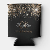 Birthday zwarte goudglitter monogram naam blikjeskoeler (Voorkant)