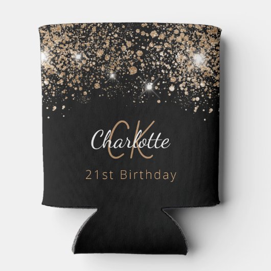 Birthday zwarte goudglitter monogram naam blikjeskoeler (Achterkant)