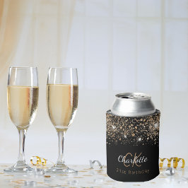 Birthday zwarte goudglitter monogram naam blikjeskoeler