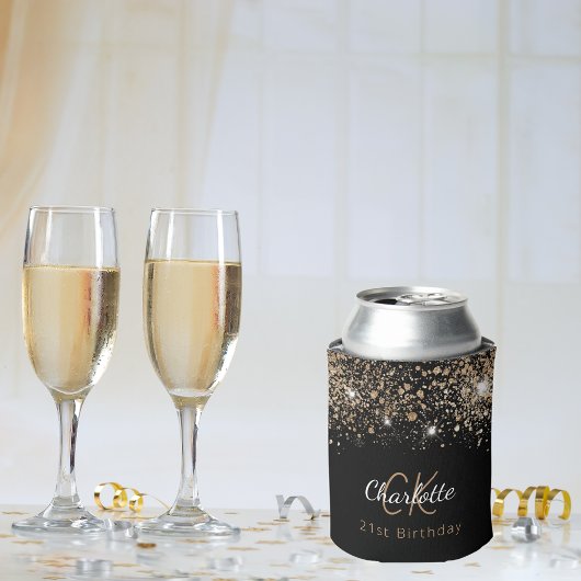 Birthday zwarte goudglitter monogram naam blikjeskoeler
