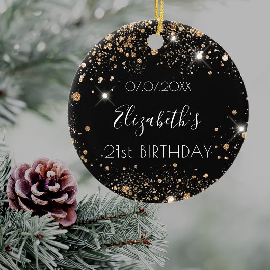 Birthday zwarte goudglitter stofnaam elegant keramisch ornament