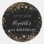 Birthday zwarte goudglitter stofnaamdatum ronde sticker (Voorkant)