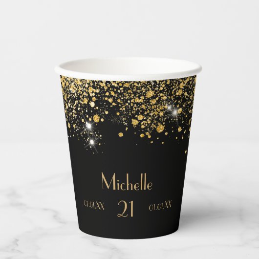 Birthday zwarte goudglittermonogram papieren bekers (Voorkant)