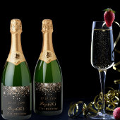 Birthday zwarte goudglittermonogram sparkling wijnetiket