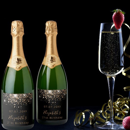 Birthday zwarte goudglittermonogram sparkling wijnetiket