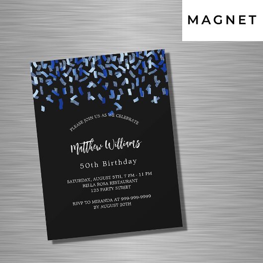 Birthday zwarte marineschoolblauwe confetti luxe magnetische uitnodiging
