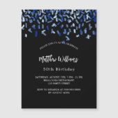 Birthday zwarte marineschoolblauwe confetti luxe magnetische uitnodiging (Voorkant)