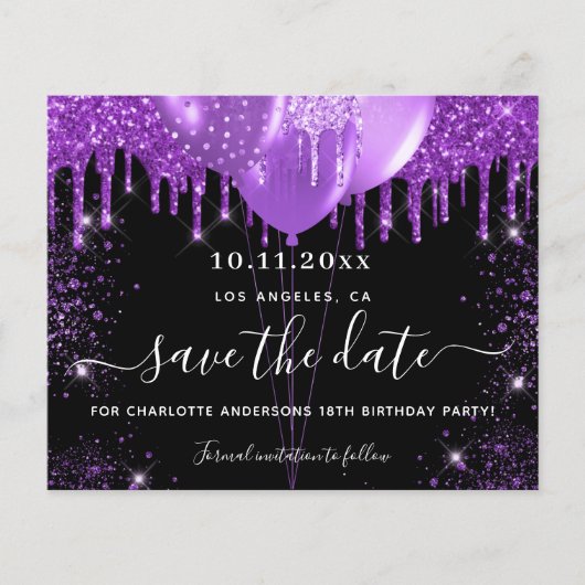 Birthday zwarte paarse glitter budget behalve datu flyer (Voorkant)