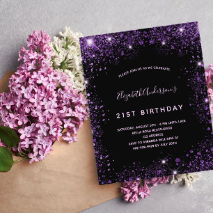 Birthday zwarte paarse glitter budget uitnodiging flyer