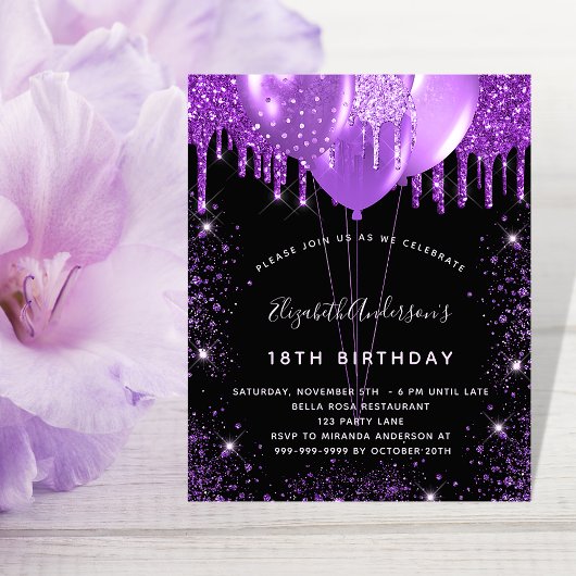 Birthday zwarte paarse glitter budget uitnodiging flyer