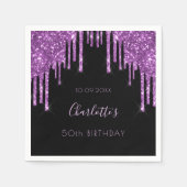 Birthday zwarte paarse glitter drift naam servet (Voorkant)