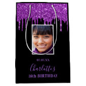 Birthday zwarte paarse glitter druipt foto medium cadeauzakje (Voorkant)