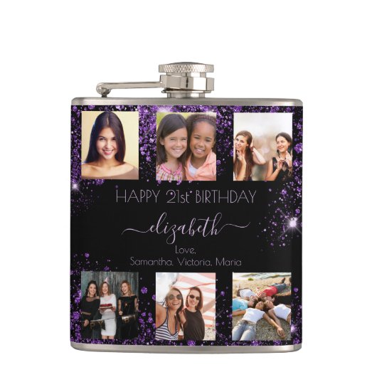 Birthday zwarte paarse glitter foto collage vriend heupfles (Voorkant)