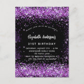 Birthday zwarte paarse glitter glamoureus uitnodiging briefkaart (Voorkant)