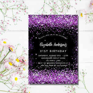 Birthday zwarte paarse glitter glamoureus uitnodiging briefkaart