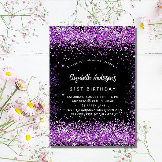 Birthday zwarte paarse glitter glamoureus uitnodiging briefkaart