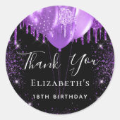 Birthday zwarte paarse glitter naam bedankt ronde sticker (Voorkant)