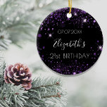 Birthday zwarte paarse glitter naam elegant keramisch ornament<br><div class="desc">Een ornament voor een meisje- en glamourese 21ste (of om het even welke leeftijd) verjaardag. Een zwarte achtergrond met paars faux glitter stof. Een datum, naam en leeftijd van 21 jaar personaliseren en toevoegen. De naam wordt geschreven met een modern handgeschreven stijlmanuscript met letters. Perfect als feestdecoratie, gunst, hoepjesgevoel of...</div>