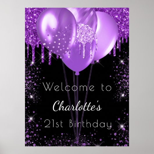 Birthday zwarte paarse glitter welkomstballonnen poster (Voorkant)