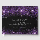 Birthday zwarte paarse glitterstofmonogram gastenboek (Voorkant)