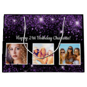 Birthday zwarte paarse glitterstofmonogram groot cadeauzakje (Voorkant)