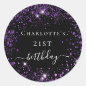 Birthday zwarte paarse glitterstofmonogram ronde sticker (Voorkant)