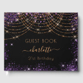 Birthday zwarte paarse goudglitter stofnaam gastenboek (Voorkant)